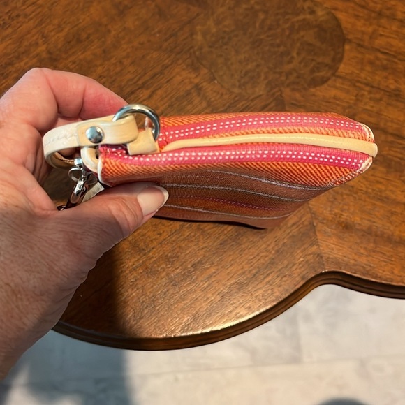 Coach Vintage wristlet coated canvas stripe Orange pink sage white/tan leather - Picture 11 of 13
